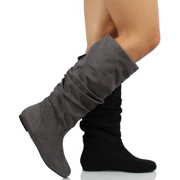 Shoes - Grey Faux Suede Slouchy Knee High Flat Boot